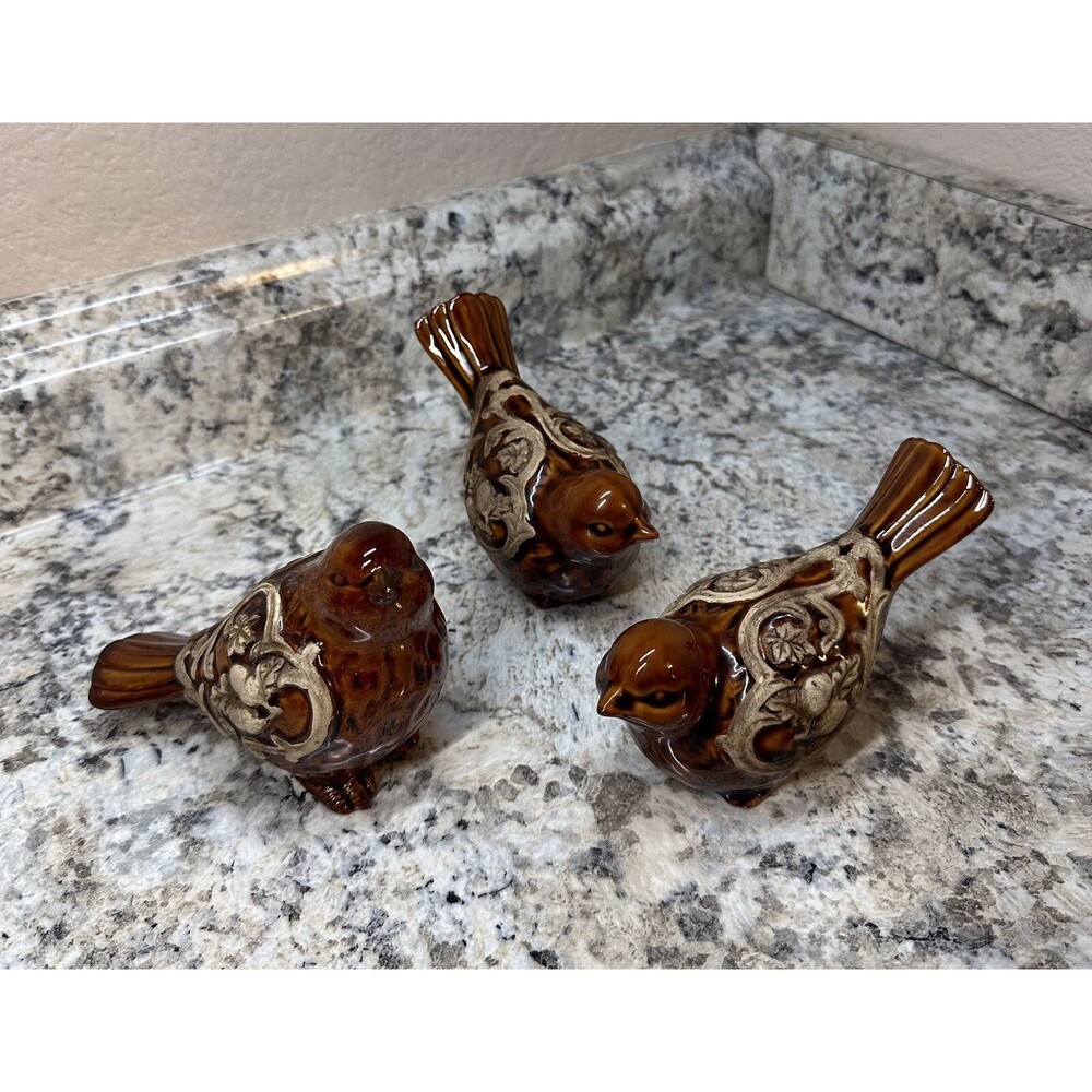 3pc Smith & Hawken Vintage Glazed Ceramic Bird Figurines